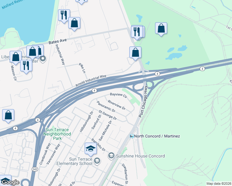 map of restaurants, bars, coffee shops, grocery stores, and more near 3886 Bayview Circle in Concord