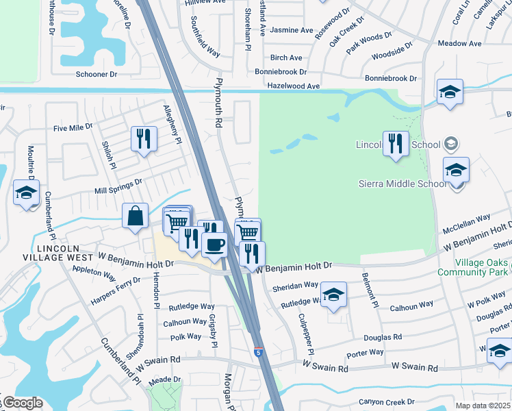 map of restaurants, bars, coffee shops, grocery stores, and more near 2844 Buckner Court in Stockton