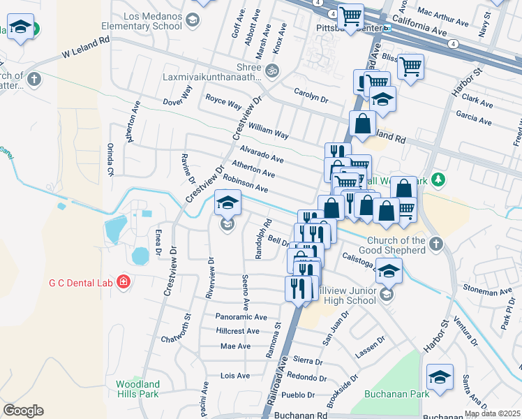 map of restaurants, bars, coffee shops, grocery stores, and more near 114 Alturas Avenue in Pittsburg