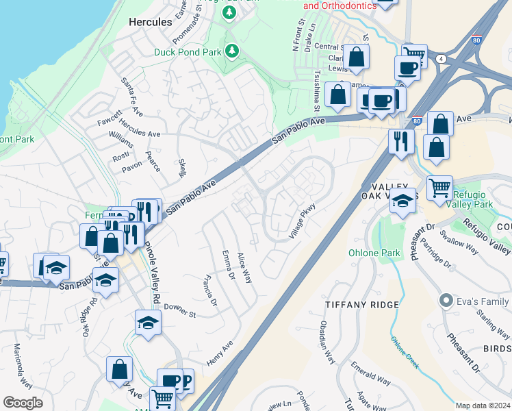map of restaurants, bars, coffee shops, grocery stores, and more near 15 Glenwood in Hercules