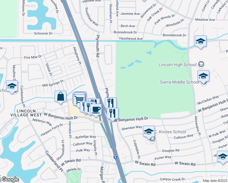 map of restaurants, bars, coffee shops, grocery stores, and more near 2844 Buckner Court in Stockton