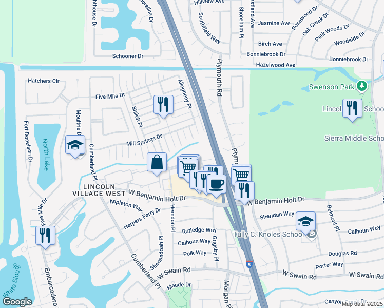 map of restaurants, bars, coffee shops, grocery stores, and more near 3286 Blue Ridge Circle in Stockton