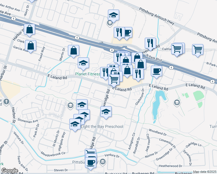 map of restaurants, bars, coffee shops, grocery stores, and more near 2253 Loveridge Road in Pittsburg