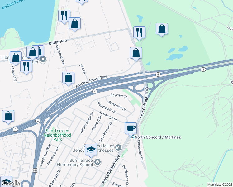 map of restaurants, bars, coffee shops, grocery stores, and more near 3886 Bayview Circle in Concord