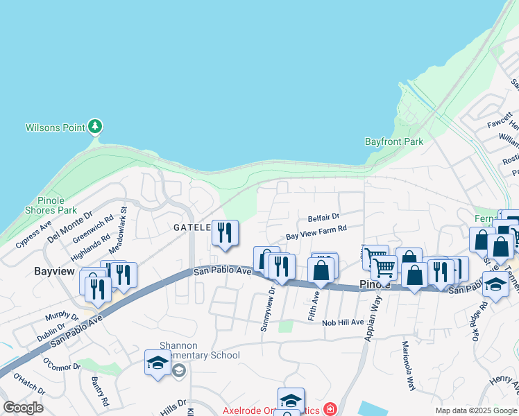 map of restaurants, bars, coffee shops, grocery stores, and more near 530 Sunnyview Drive in Pinole