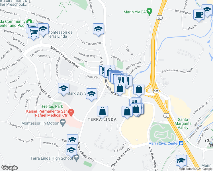 map of restaurants, bars, coffee shops, grocery stores, and more near 350 Northgate Drive in San Rafael