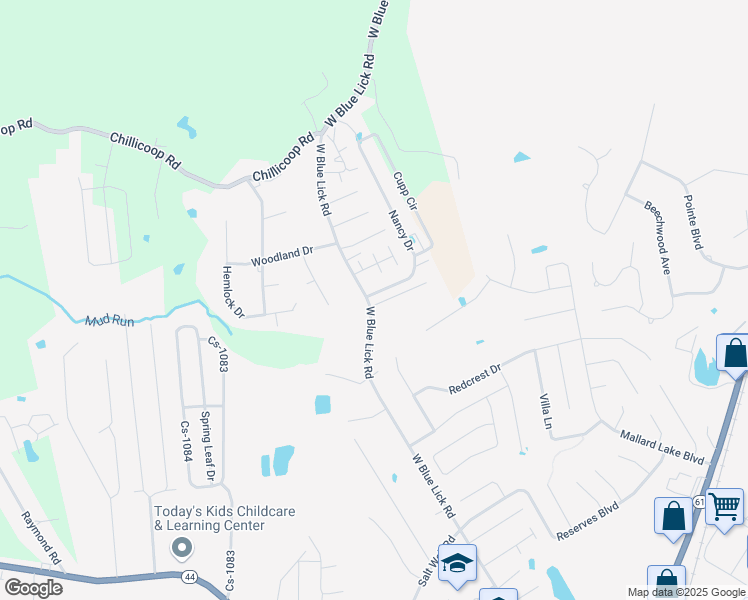 map of restaurants, bars, coffee shops, grocery stores, and more near 1323 West Blue Lick Road in Shepherdsville