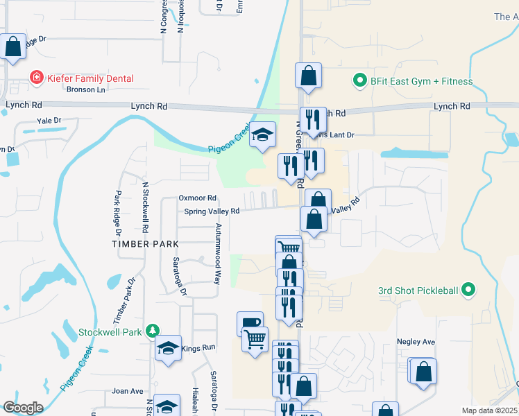 map of restaurants, bars, coffee shops, grocery stores, and more near 4446 Spring Valley Road in Evansville