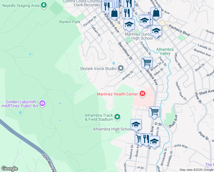 map of restaurants, bars, coffee shops, grocery stores, and more near 2 Warren Street in Martinez