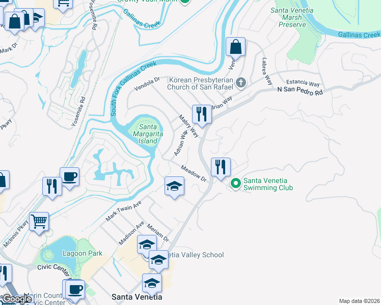 map of restaurants, bars, coffee shops, grocery stores, and more near in Santa Venetia
