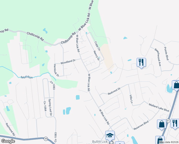 map of restaurants, bars, coffee shops, grocery stores, and more near 1323 West Blue Lick Road in Shepherdsville