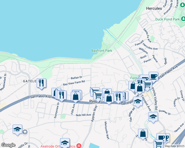 map of restaurants, bars, coffee shops, grocery stores, and more near 221 Pinon Avenue in Pinole