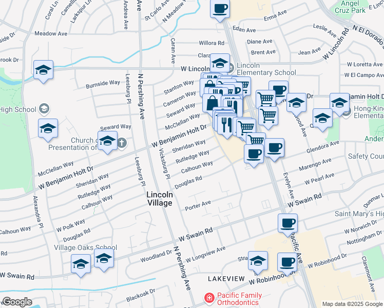 map of restaurants, bars, coffee shops, grocery stores, and more near 1139 Rutledge Way in Stockton