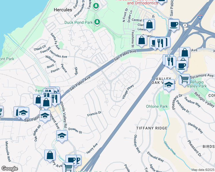 map of restaurants, bars, coffee shops, grocery stores, and more near 15 Glenwood in Hercules