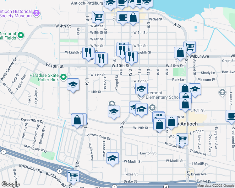 map of restaurants, bars, coffee shops, grocery stores, and more near 701 West Fourteenth Street in Antioch