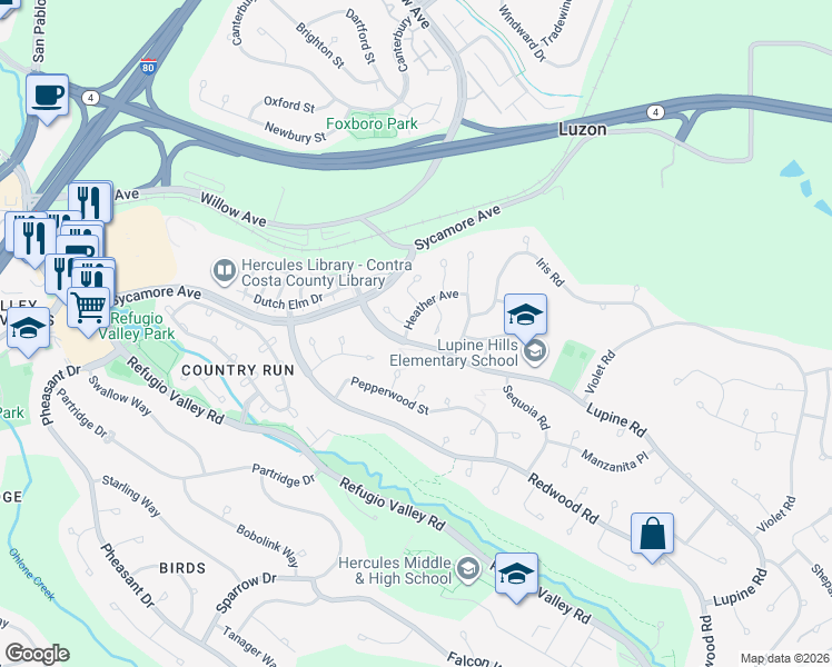 map of restaurants, bars, coffee shops, grocery stores, and more near 118 Heather Avenue in Hercules