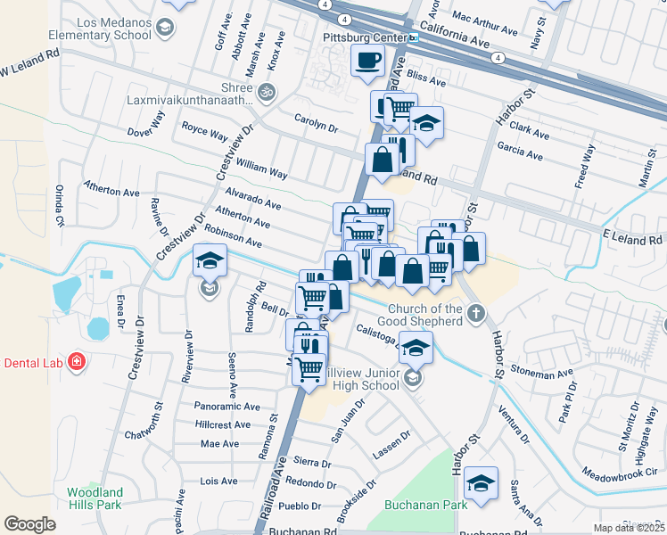 map of restaurants, bars, coffee shops, grocery stores, and more near 3024 Railroad Avenue in Pittsburg