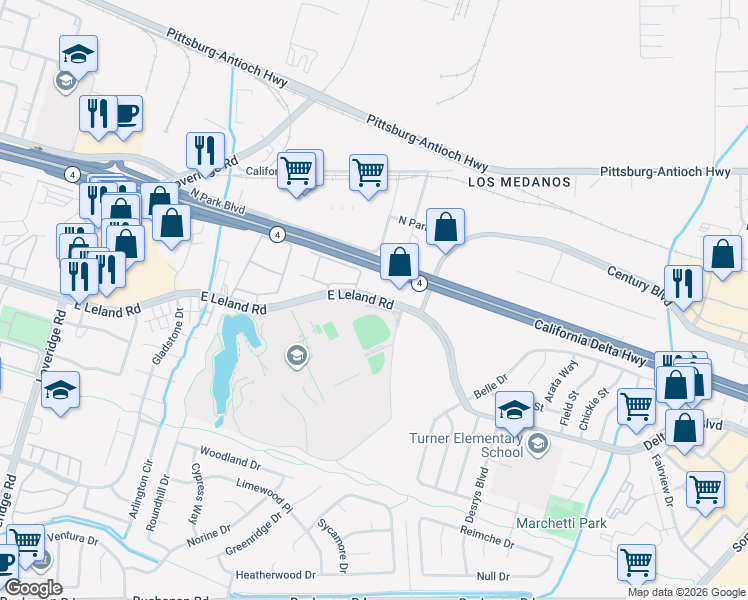 map of restaurants, bars, coffee shops, grocery stores, and more near 2563 East Leland Road in Antioch