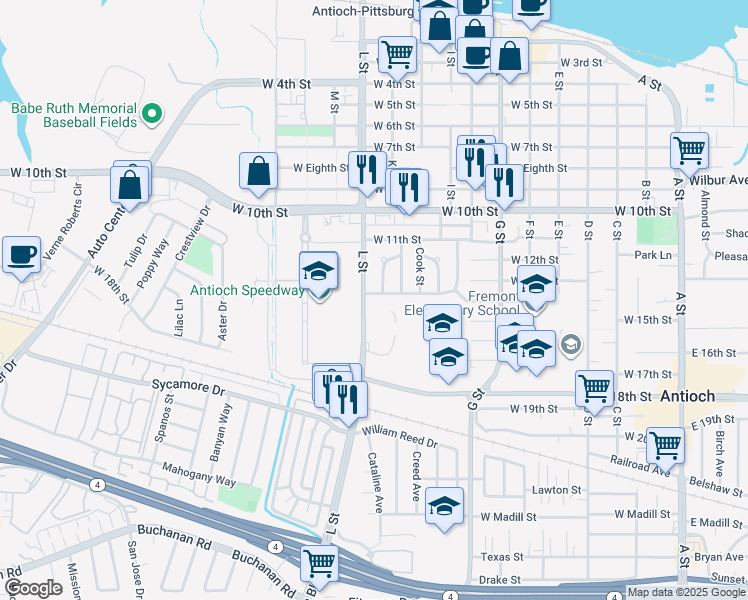map of restaurants, bars, coffee shops, grocery stores, and more near 1017 West Fourteenth Street in Antioch