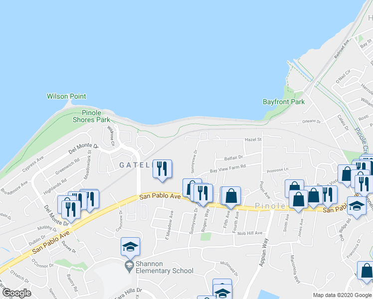 map of restaurants, bars, coffee shops, grocery stores, and more near 540 Sunnyview Drive in Pinole