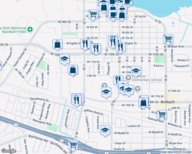 map of restaurants, bars, coffee shops, grocery stores, and more near 909 West 14th Street in Antioch