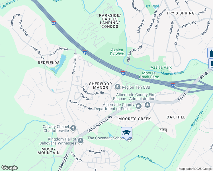 map of restaurants, bars, coffee shops, grocery stores, and more near 109 Scarborough Place in Charlottesville