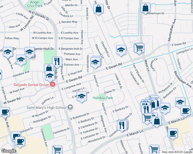 map of restaurants, bars, coffee shops, grocery stores, and more near 704 East Swain Road in Stockton