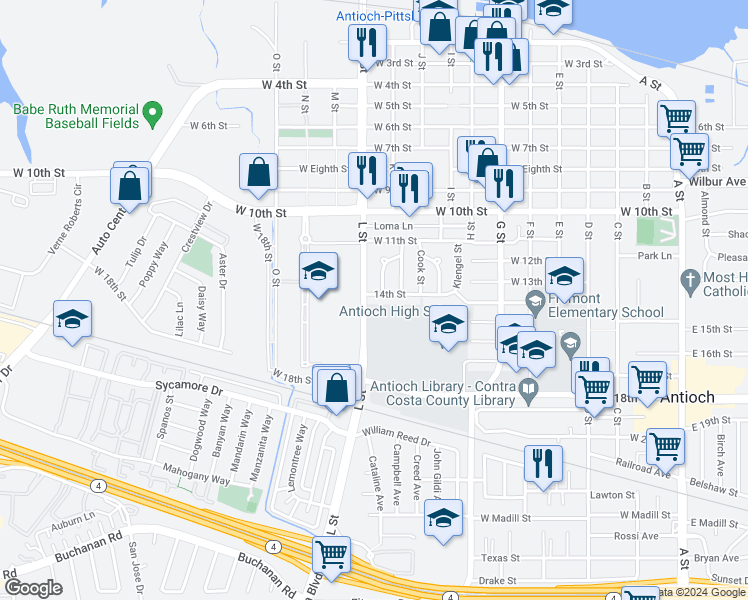 map of restaurants, bars, coffee shops, grocery stores, and more near 1017 West 14th Street in Antioch