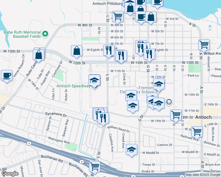 map of restaurants, bars, coffee shops, grocery stores, and more near 1017 West Fourteenth Street in Antioch