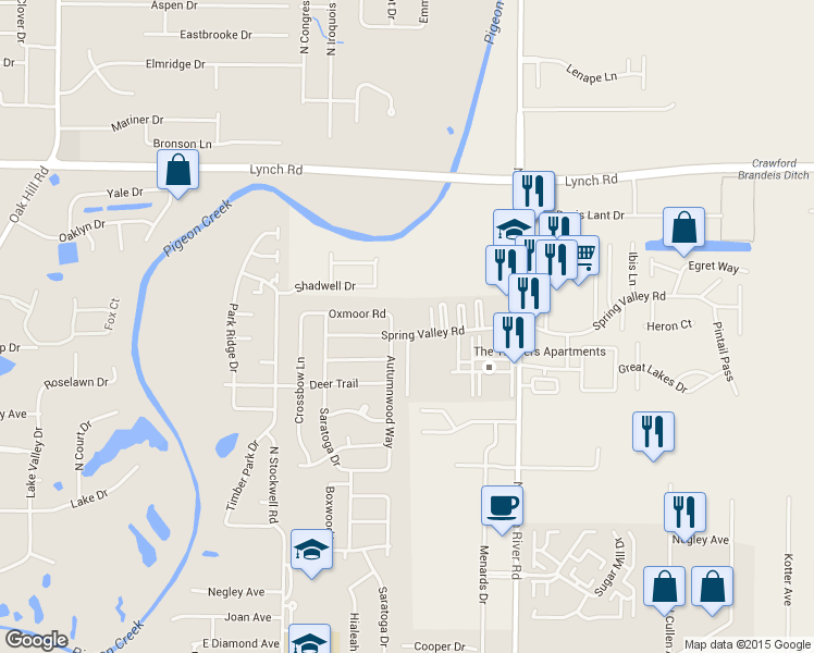map of restaurants, bars, coffee shops, grocery stores, and more near 4300 Spring Valley Road in Evansville