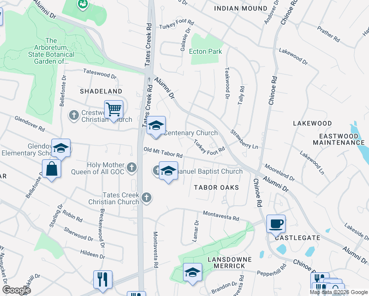 map of restaurants, bars, coffee shops, grocery stores, and more near 805 Turkey Foot Court in Lexington