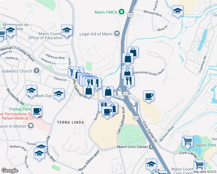 map of restaurants, bars, coffee shops, grocery stores, and more near 1040 Northgate Dr in San Rafael
