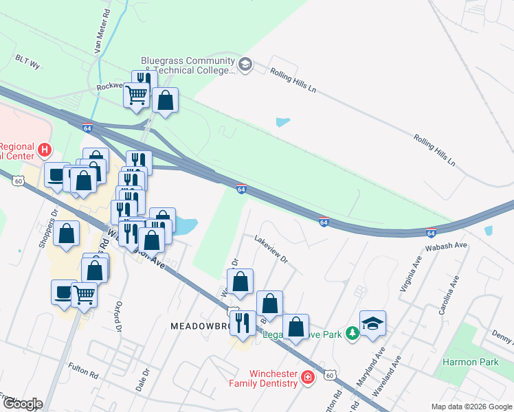 map of restaurants, bars, coffee shops, grocery stores, and more near 194 Westside Drive in Winchester