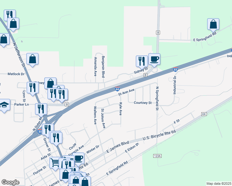 map of restaurants, bars, coffee shops, grocery stores, and more near 25 Saint Ann Avenue in Saint James