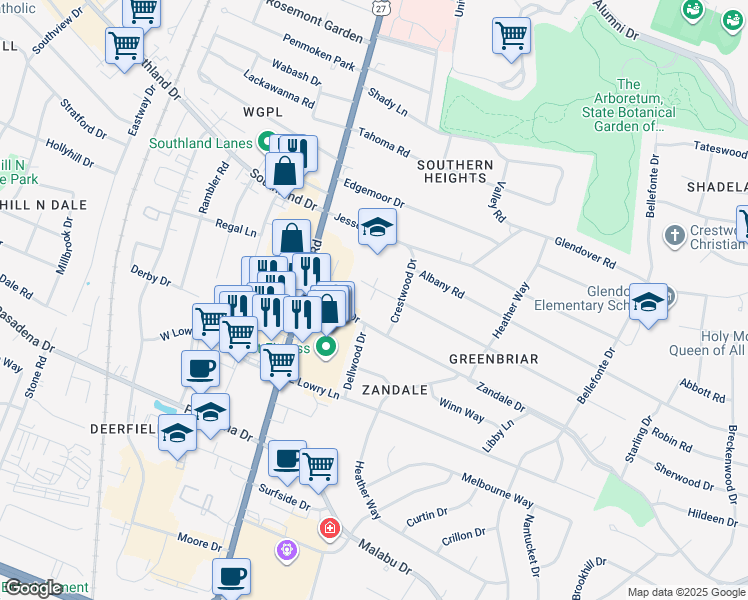 map of restaurants, bars, coffee shops, grocery stores, and more near 120 Greenbriar Road in Lexington