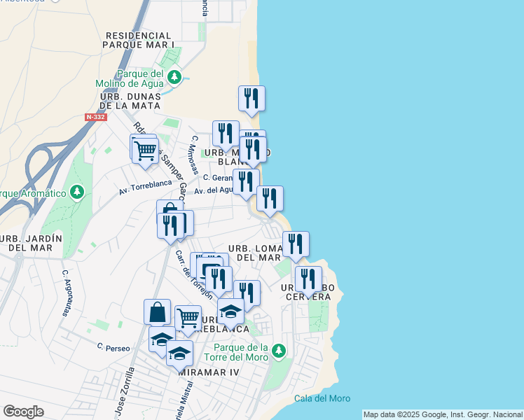 map of restaurants, bars, coffee shops, grocery stores, and more near Avenida del Agua in Torrevieja