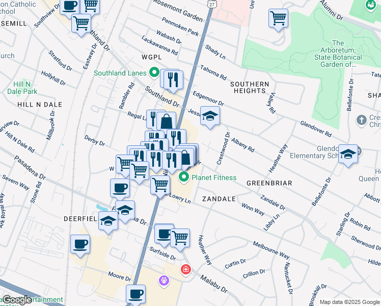 map of restaurants, bars, coffee shops, grocery stores, and more near 129 Zandale Drive in Lexington