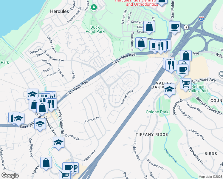 map of restaurants, bars, coffee shops, grocery stores, and more near 140 South Wildwood in Hercules