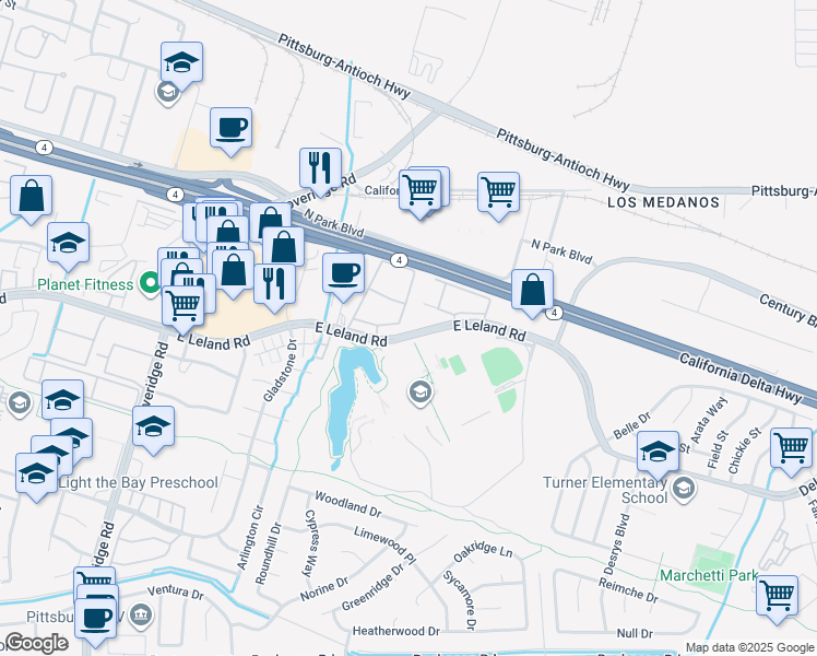 map of restaurants, bars, coffee shops, grocery stores, and more near 2555 East Leland Road in Pittsburg