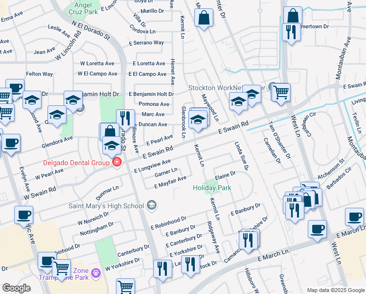 map of restaurants, bars, coffee shops, grocery stores, and more near 516 East Swain Road in Stockton