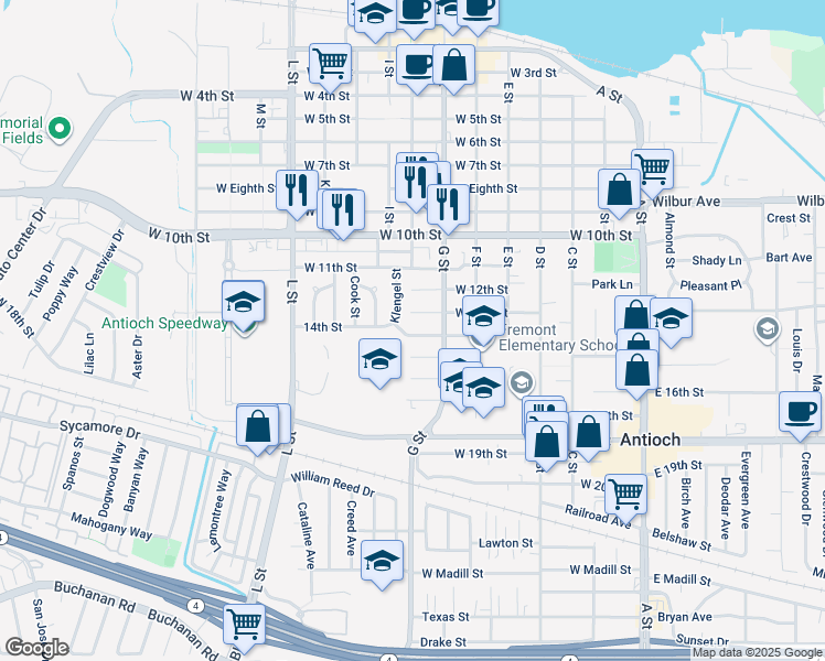 map of restaurants, bars, coffee shops, grocery stores, and more near 624 West 14th Street in Antioch