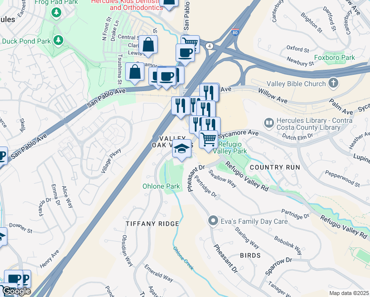 map of restaurants, bars, coffee shops, grocery stores, and more near 1 Sapphire Court in Hercules