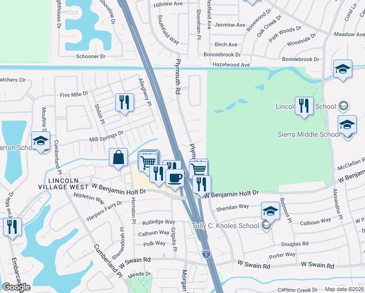 map of restaurants, bars, coffee shops, grocery stores, and more near 2903 Cushing Court in Stockton