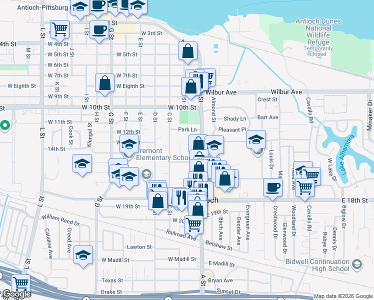 map of restaurants, bars, coffee shops, grocery stores, and more near 1311 B Street in Antioch