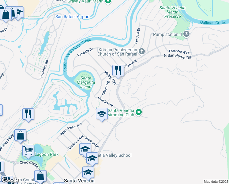 map of restaurants, bars, coffee shops, grocery stores, and more near in Santa Venetia