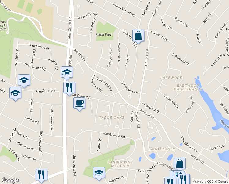 map of restaurants, bars, coffee shops, grocery stores, and more near 1333 Gray Hawk Road in Lexington