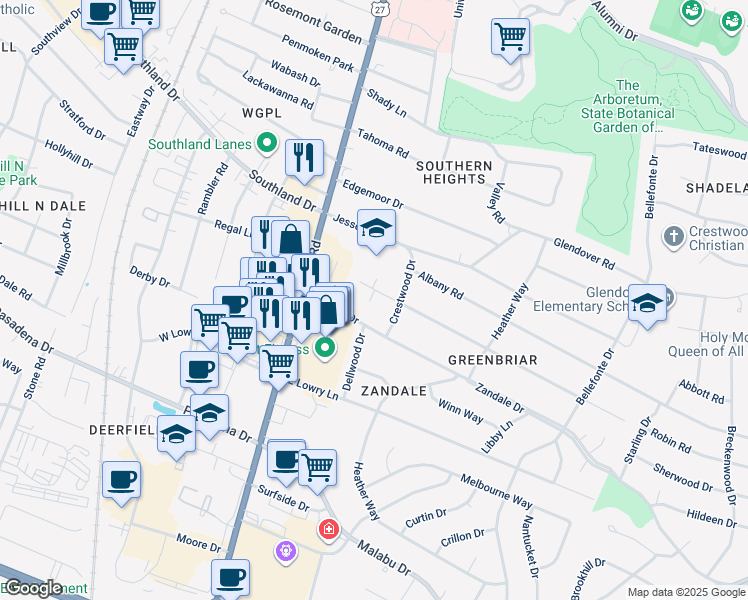 map of restaurants, bars, coffee shops, grocery stores, and more near 120 Greenbriar Road in Lexington