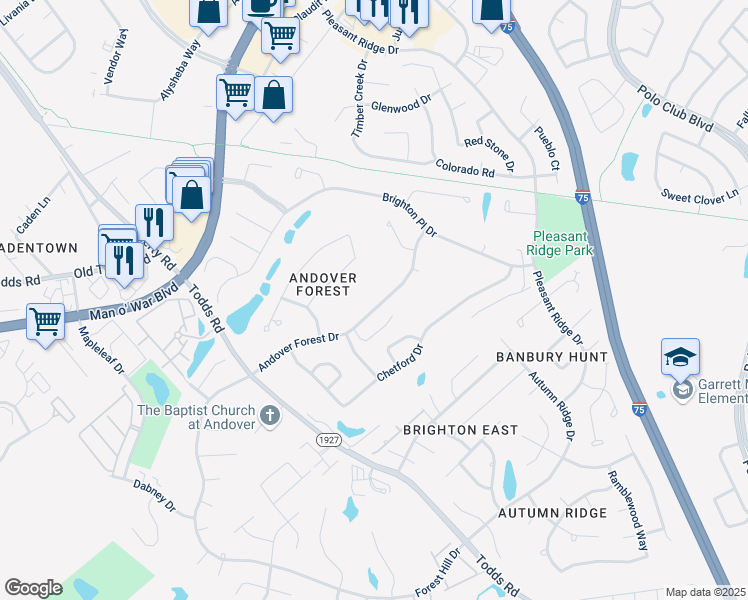 map of restaurants, bars, coffee shops, grocery stores, and more near 1093 Andover Forest Drive in Lexington