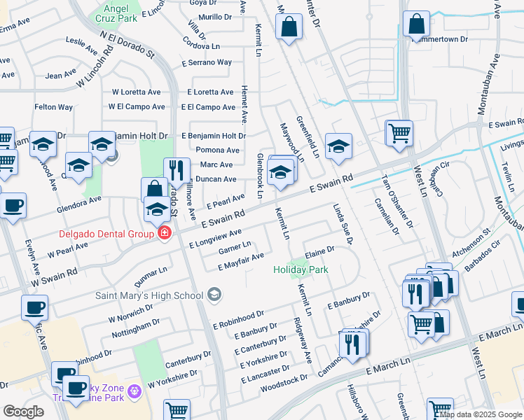 map of restaurants, bars, coffee shops, grocery stores, and more near 524 East Swain Road in Stockton