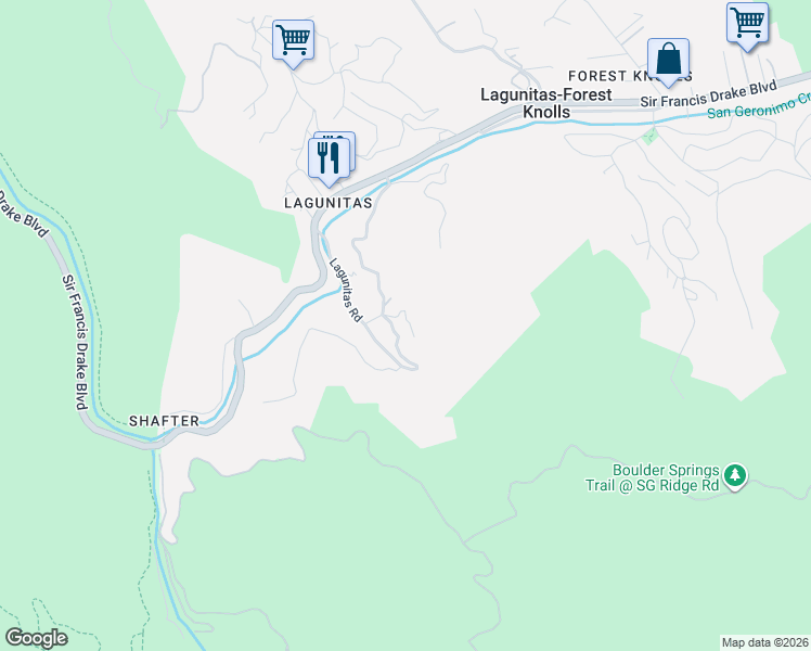 map of restaurants, bars, coffee shops, grocery stores, and more near 5 Chimney Lane in Lagunitas-Forest Knolls